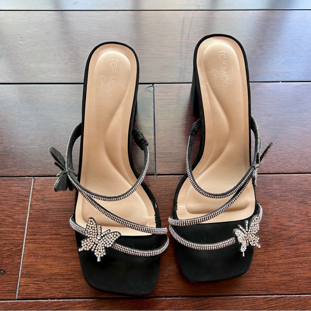 TOP Moda Black Heeled Slide Sandals with Crystal Butterfly Accents